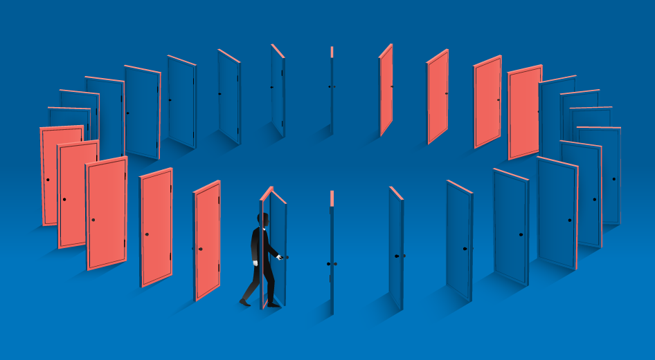Image of a person working through a series of doors. 