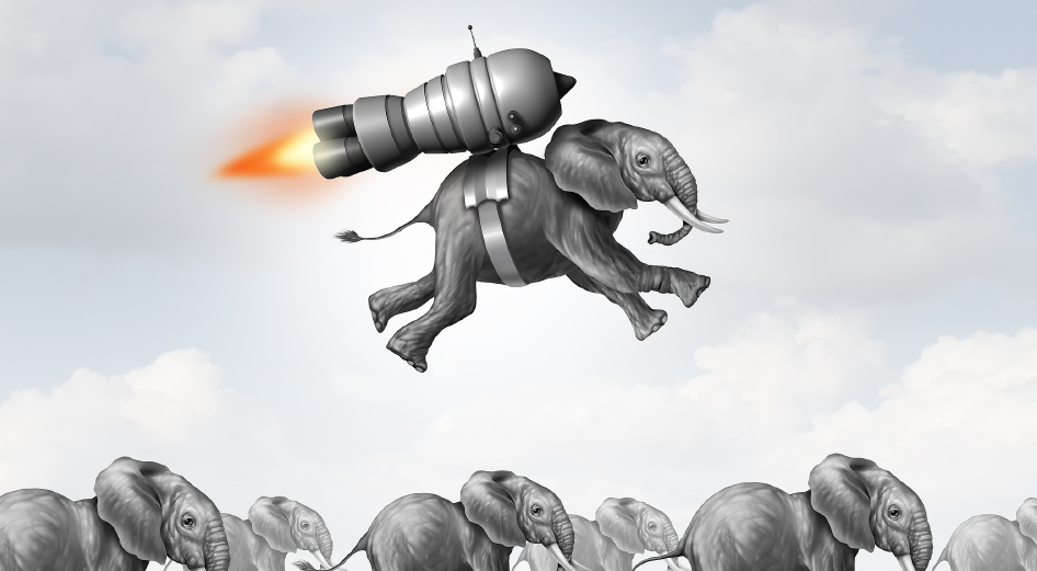 Image of elephant flying with a rocket pack through the air.